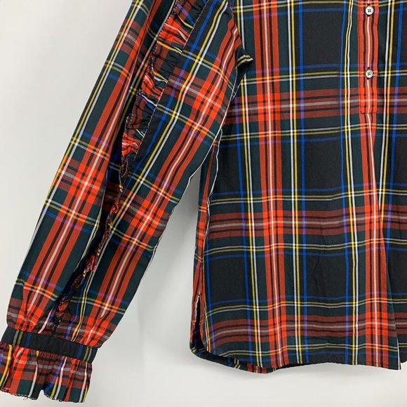 J.Crew Top Black Red Plaid Button Popover Ruffle Long Sleeve - Picture 7 of 13